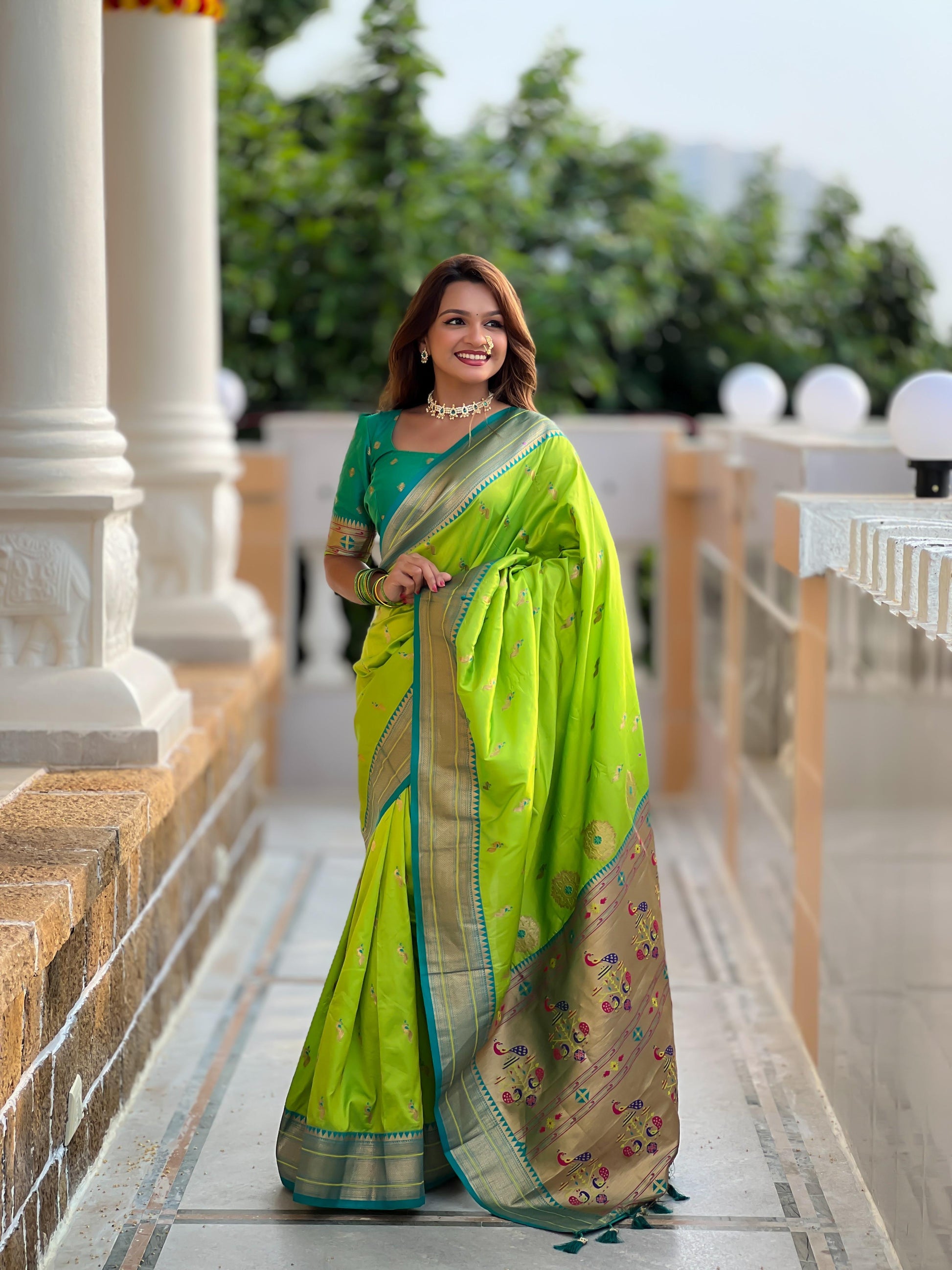 Parrot green paithani silk saree for women price
