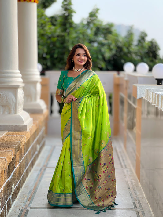Parrot green paithani silk saree for women price

