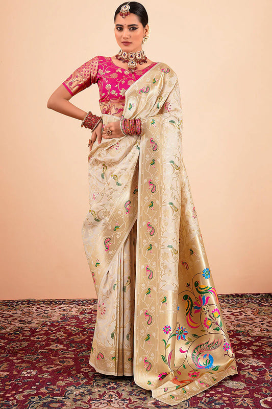 Off White color paithani silk saree for women