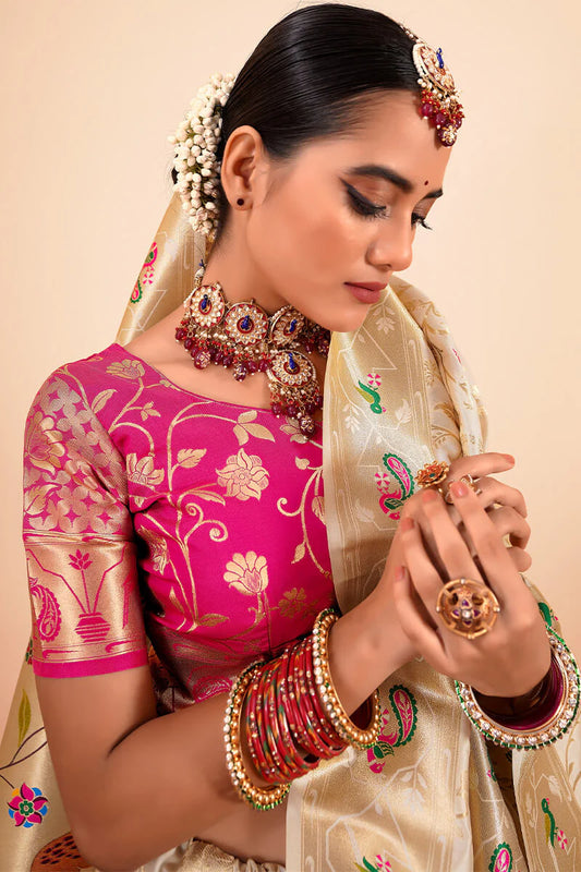 Off White color paithani silk saree for wedding