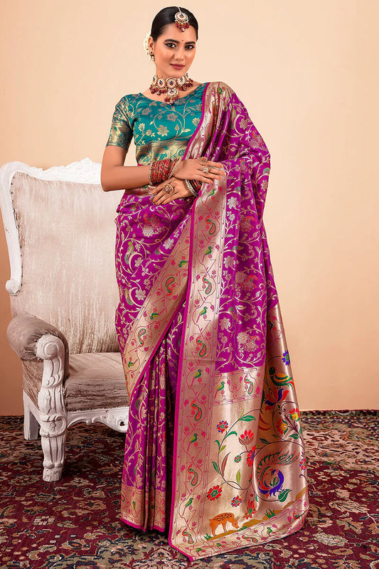 Rani pink color paithani silk weaving saree for women