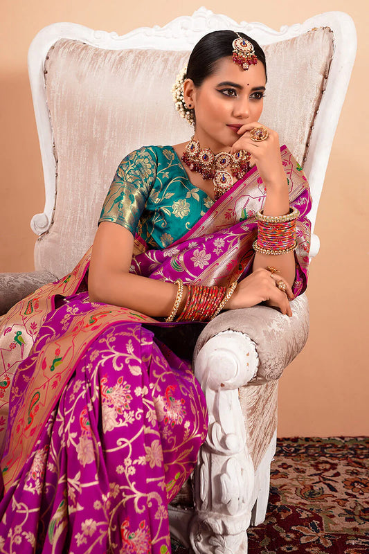 Rani pink color paithani silk weaving saree with blouse online
