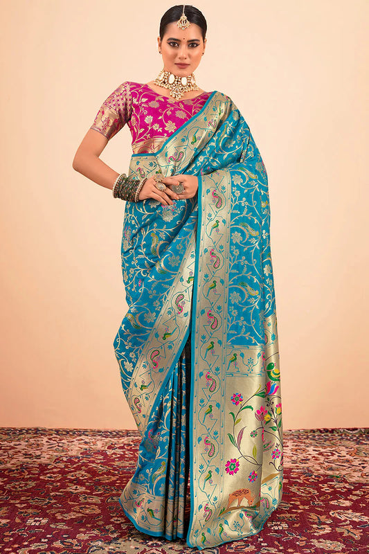 Rama color paithani silk saree for women online shopping
