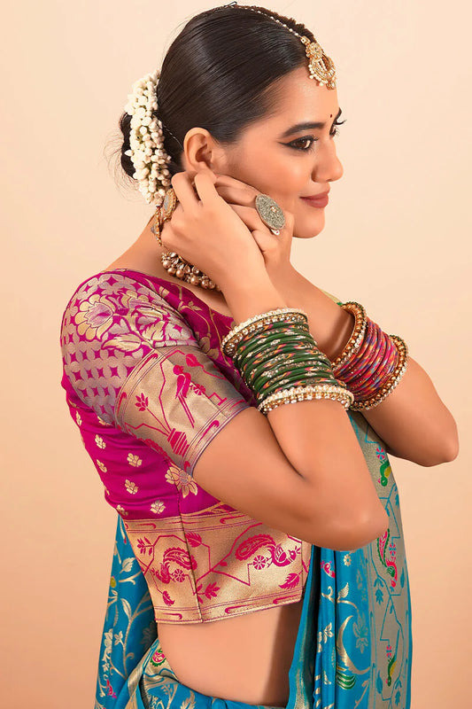 Rama color paithani silk saree for women online
