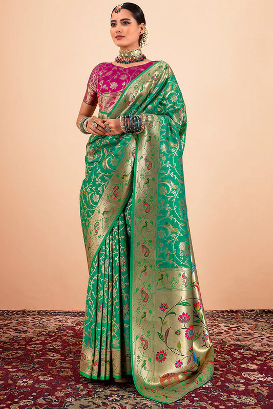 Green color paithani silk saree for women online
