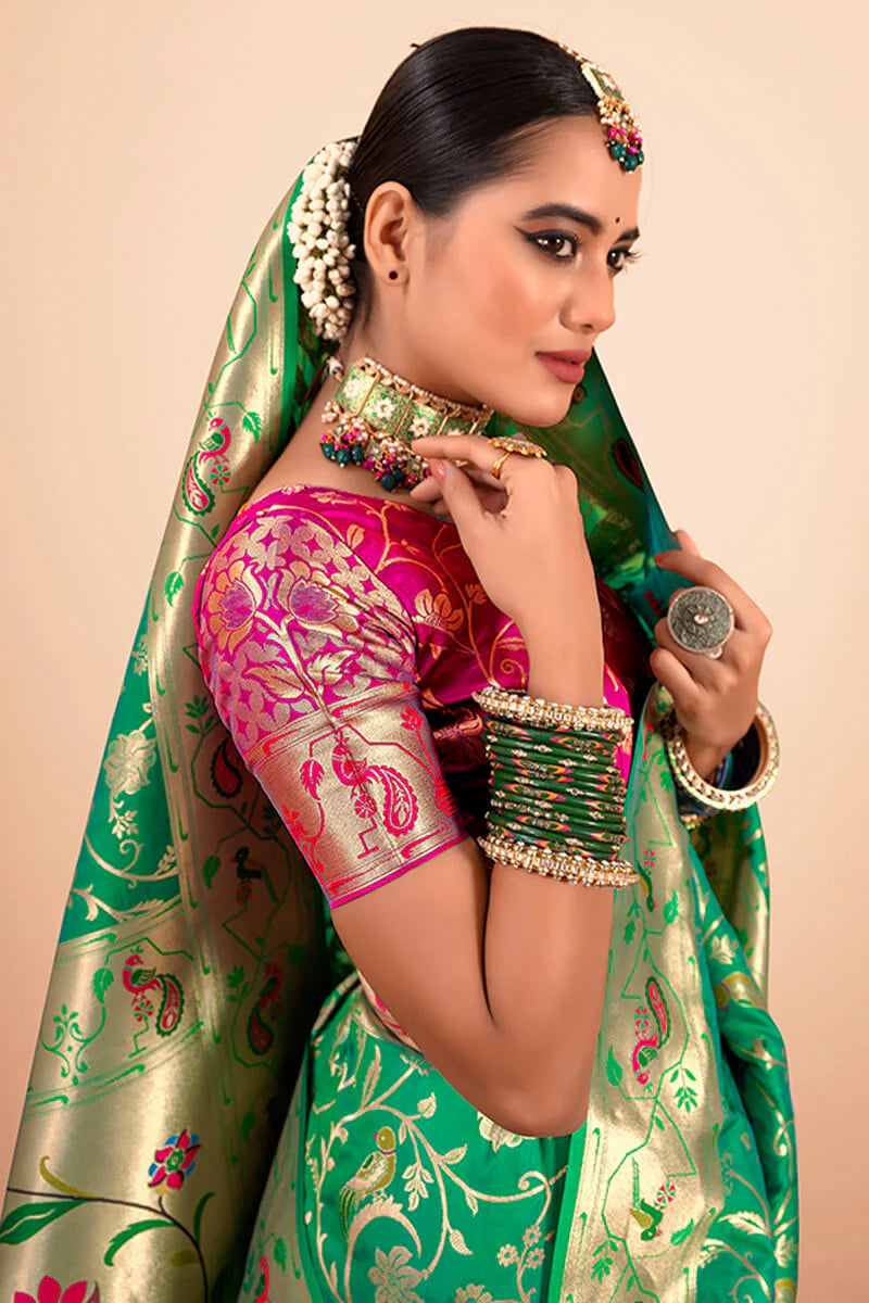 Green color paithani silk saree for women price
