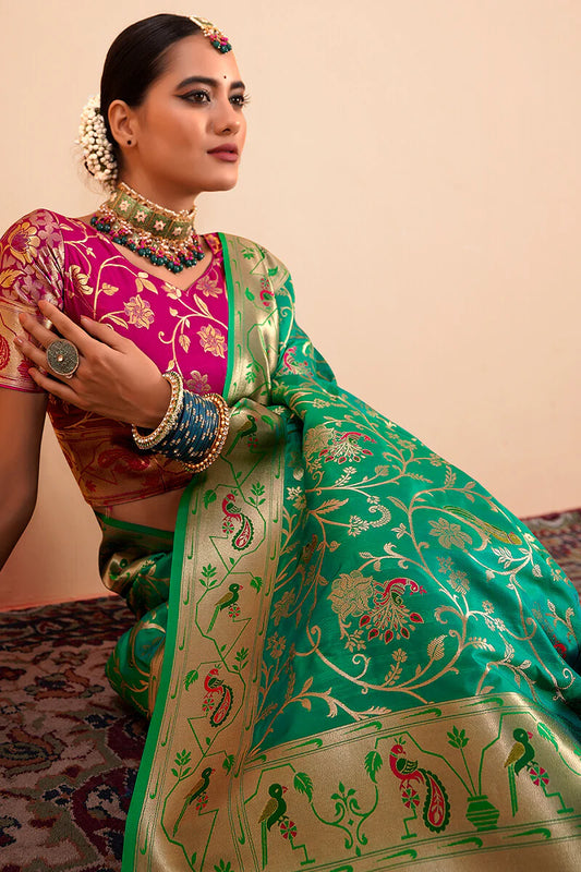 Dark green color paithani silk saree for women
