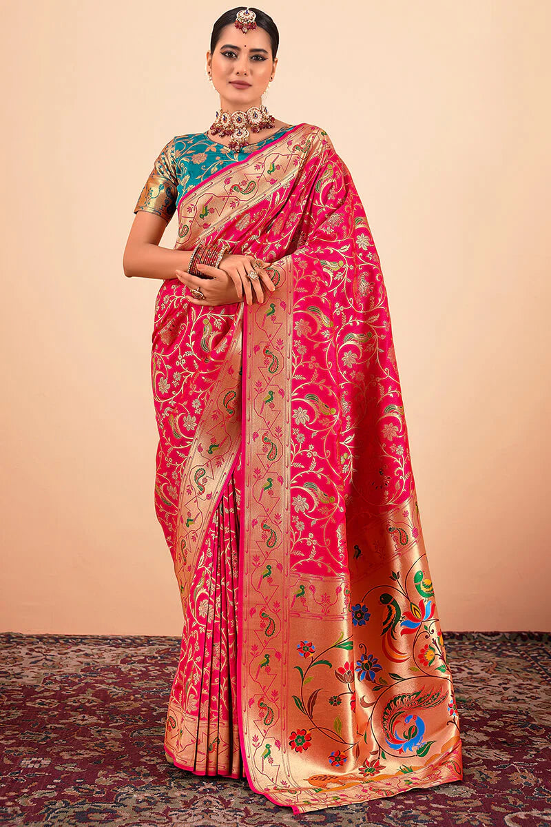 Red color paithani silk saree for women online shopping

