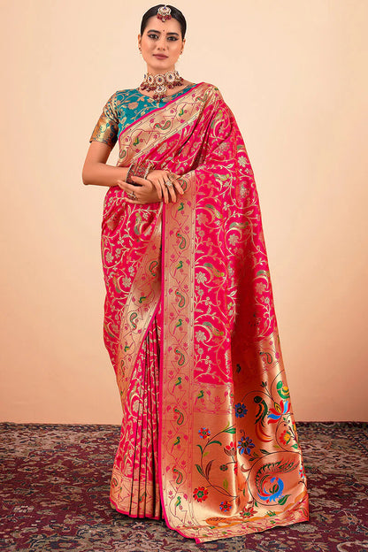Red color paithani silk saree for women online shopping
