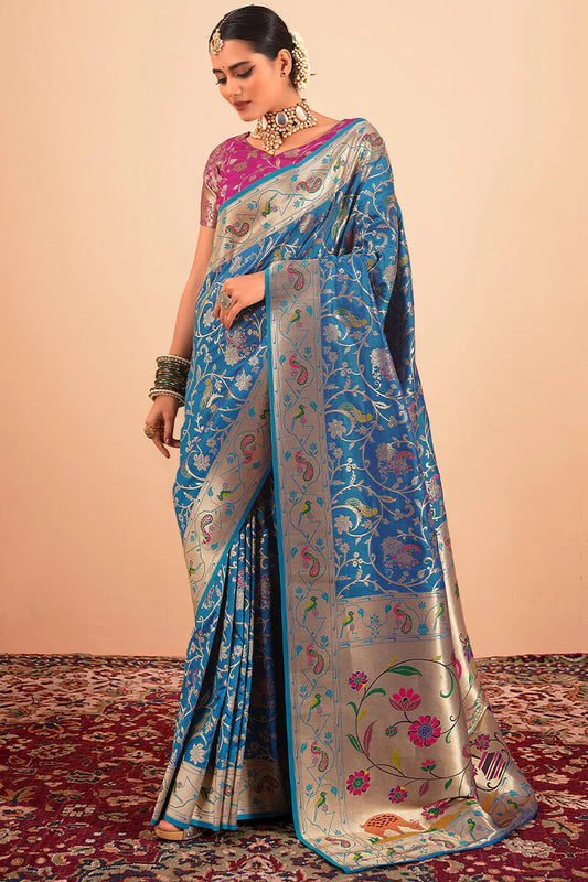 Teal blue color paithani silk saree for women price
