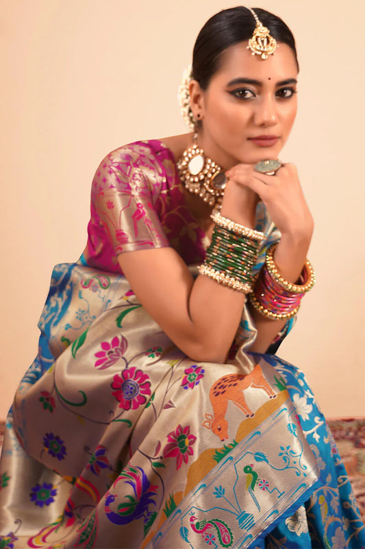 Teal blue color paithani silk saree for women online
