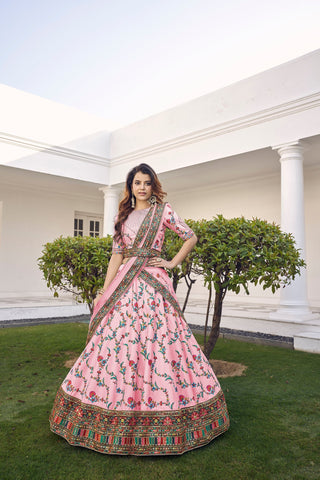 Pink georgette bridal silk embroidered work lehenga choli price