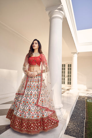 Red and white lehenga designs