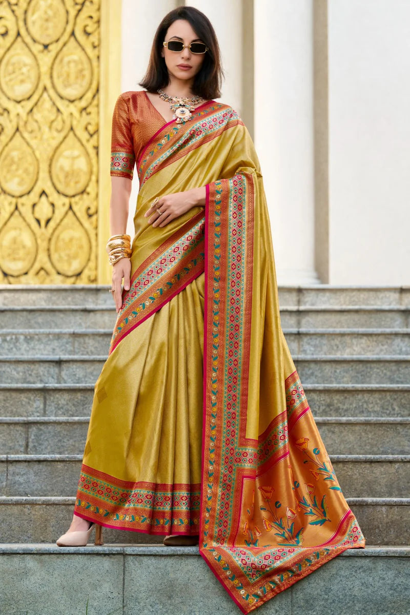 Golden color tissue silk saree for women