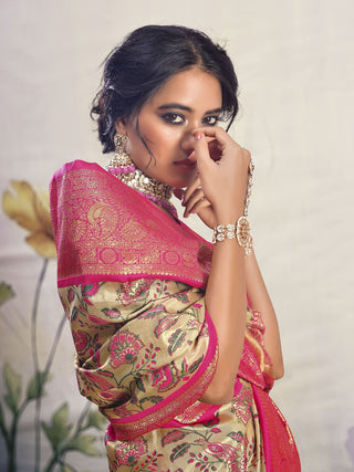 Pink color silk printed saree for women price
