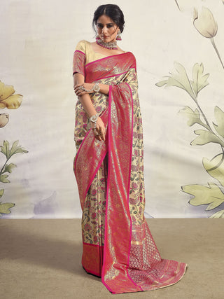 Pure pink color silk printed saree for women
