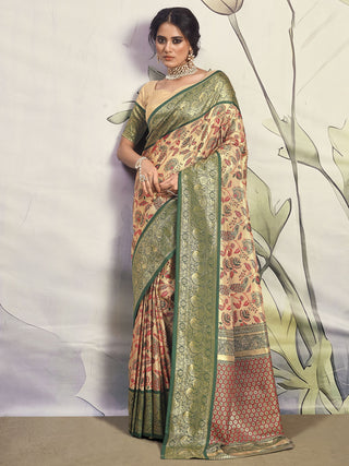 Green color silk printed saree for women price
