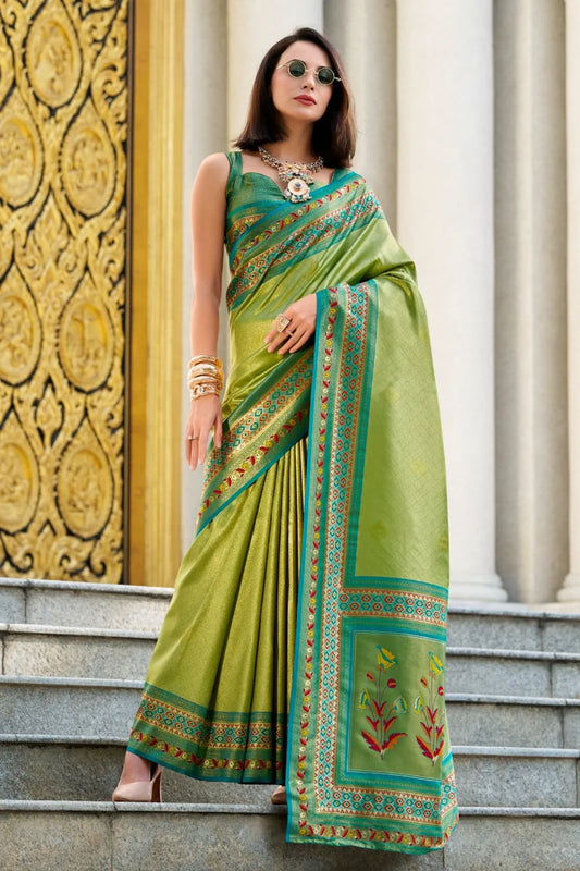 Parrot green color tissue silk saree for women online
