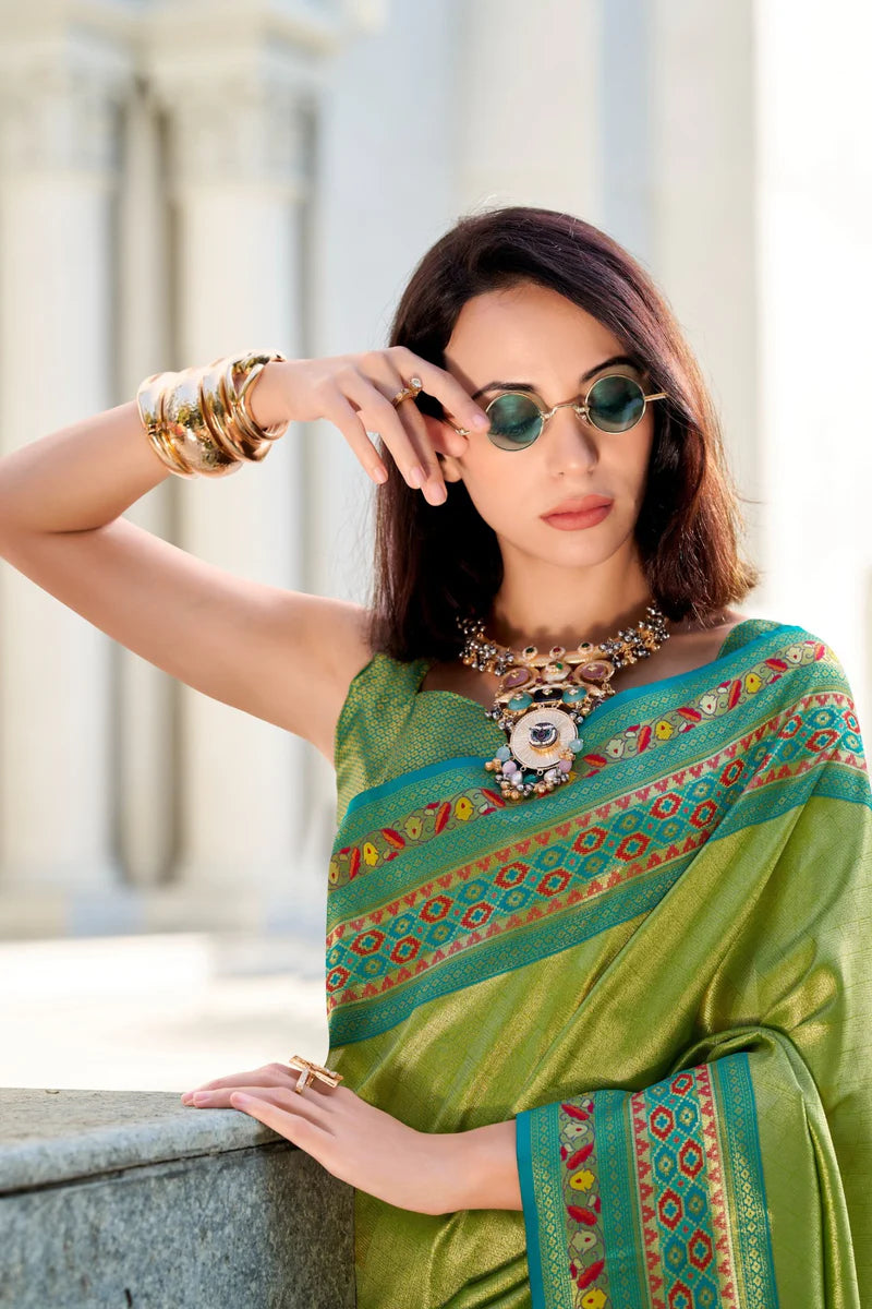Parrot green color tissue silk saree online shopping