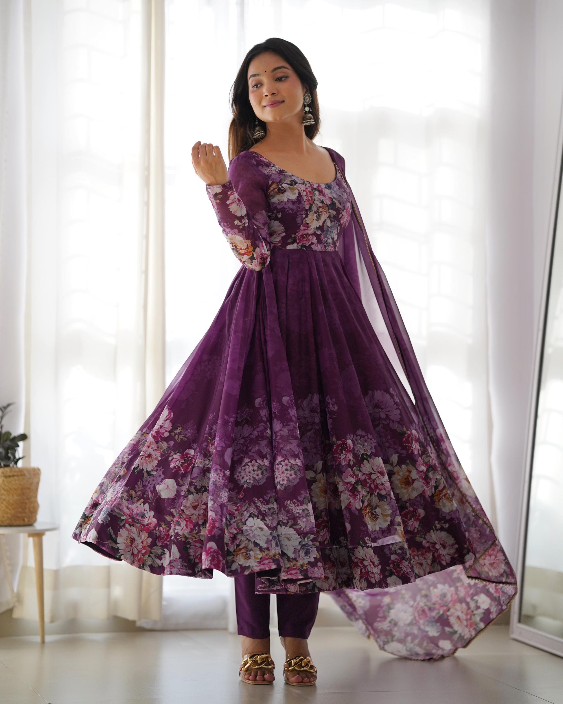 Wine color organza silk salwar suit with dupatta online