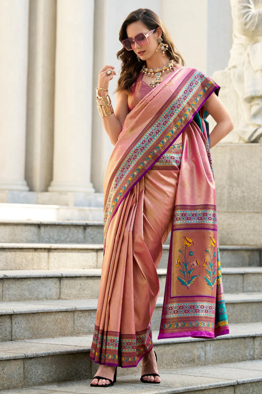 Peach color tissue silk saree for women online shopping
