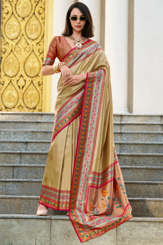 Beige color tissue silk saree for women