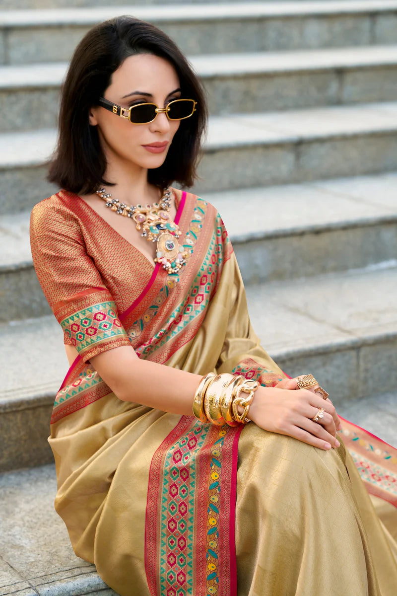 Beige color tissue silk saree for women images