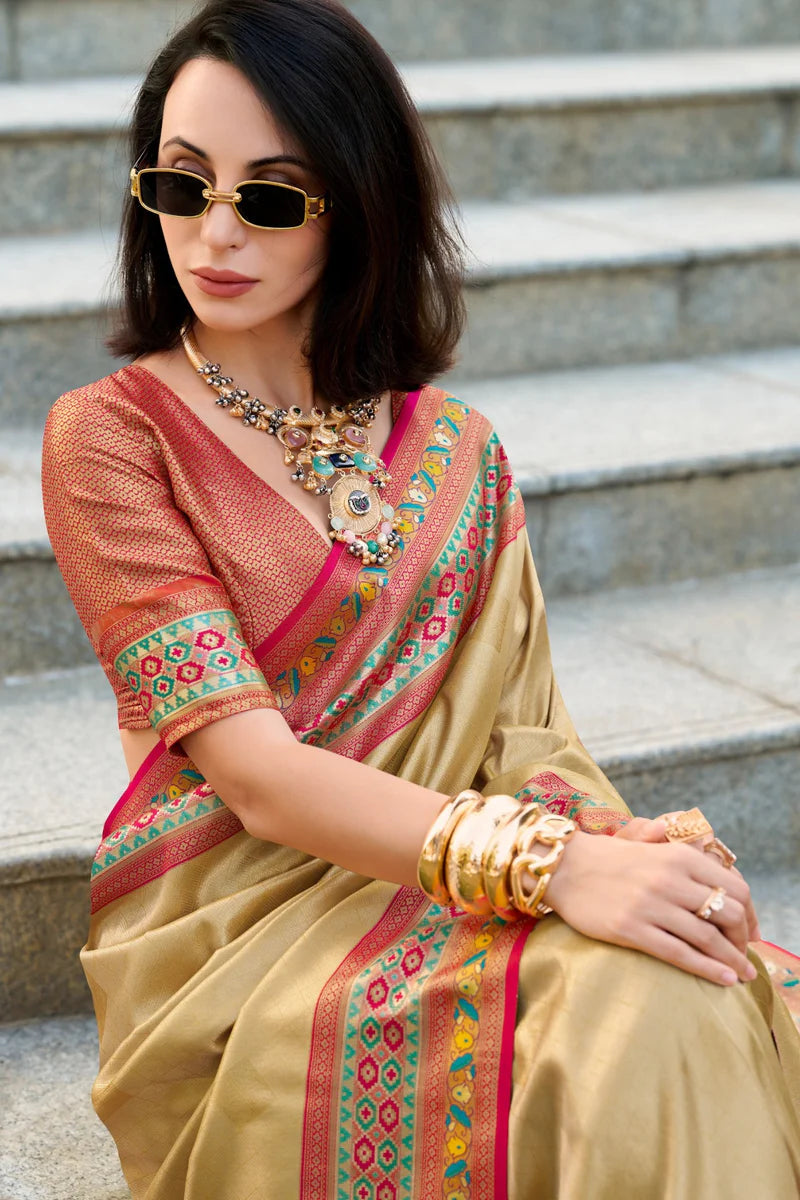 Beige color tissue silk saree with blouse online