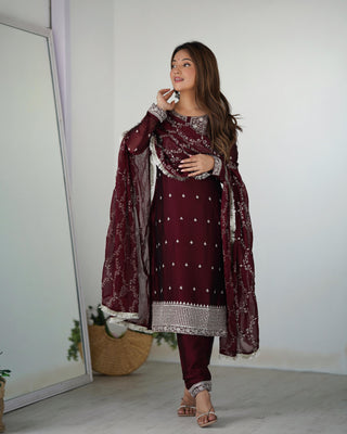 Long sleeve women maroon silk top and pant with dupatta
