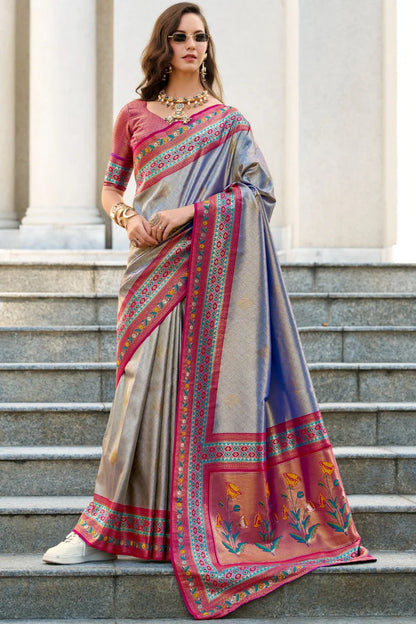 Dark grey color tissue silk saree for women
