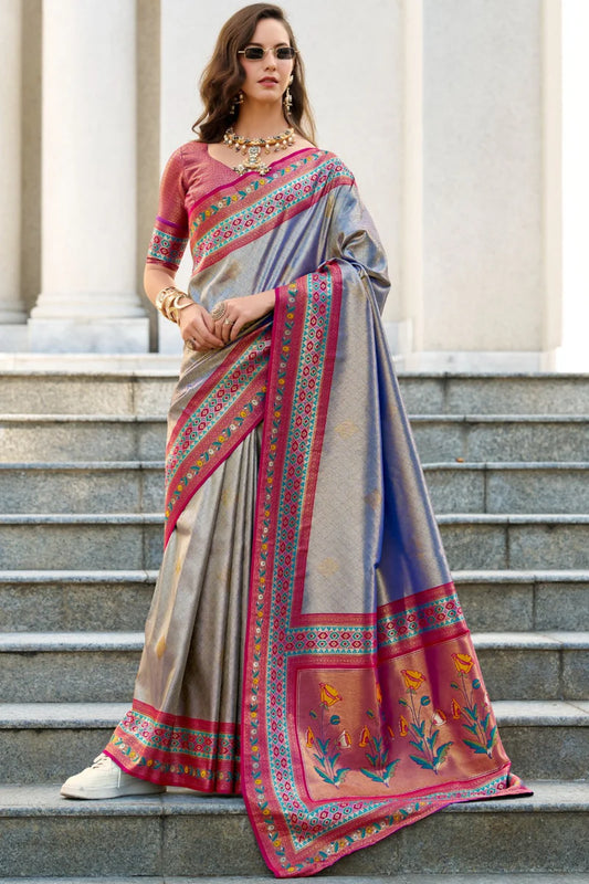 Dark grey color tissue silk saree for women
