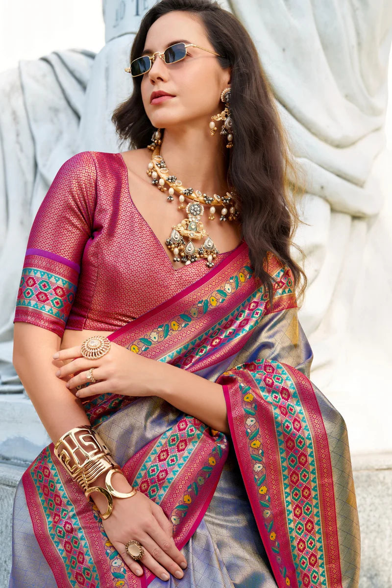 Grey colour tissue silk saree with blouse online shopping
