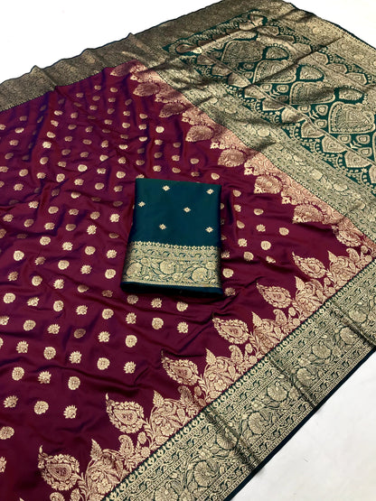 Wine color banarasi silk saree with blouse