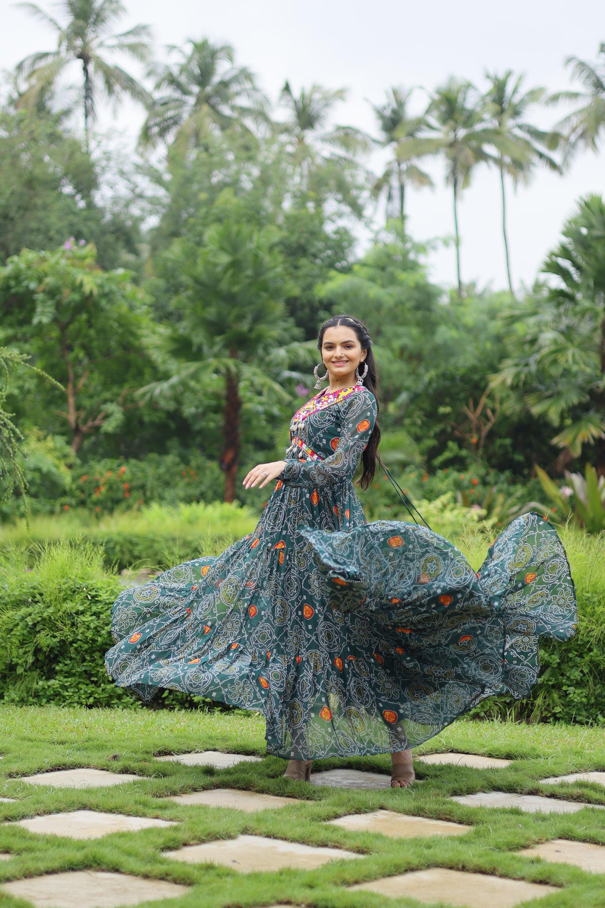 Green Navratri Festival Georgette Bandhani Printed Gown Ragthm Green Navratri Festival Georgette Bandhani Printed Gown Ragthm