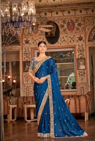 Blue organza zari sequins saree price