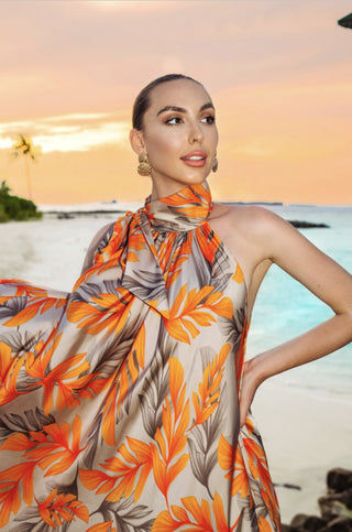 Orange Silk Kaftan Beach Maxi Dress