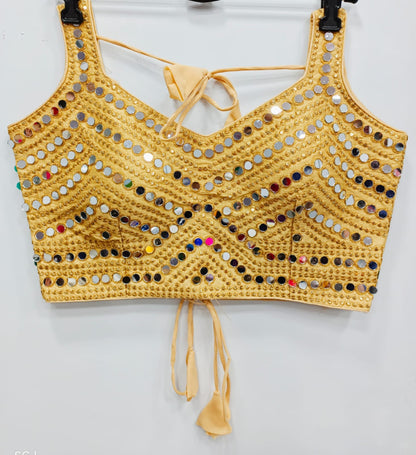 Beige color silk mirror work blouse for women