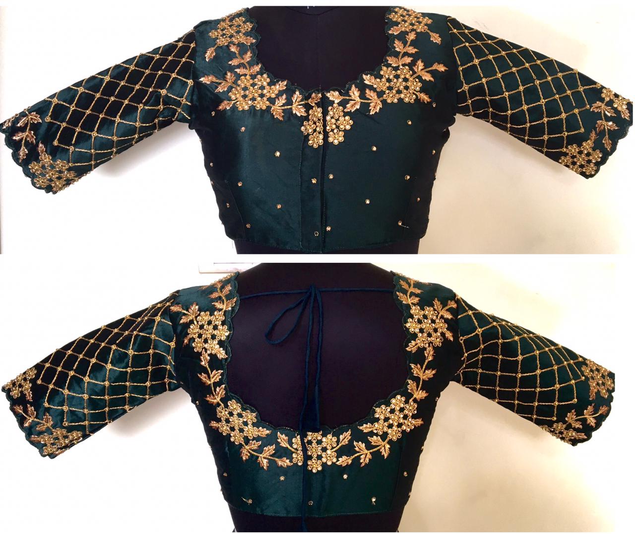 Bottle green color silk stitched blouse