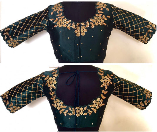 Bottle green color silk stitched blouse