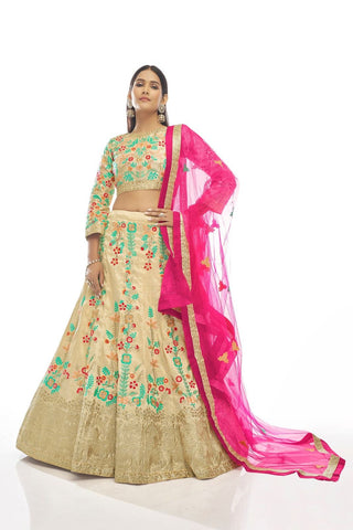 Simple cream art silk lehenga choli