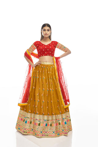 Mustard yellow satin georgette lehenga choli review