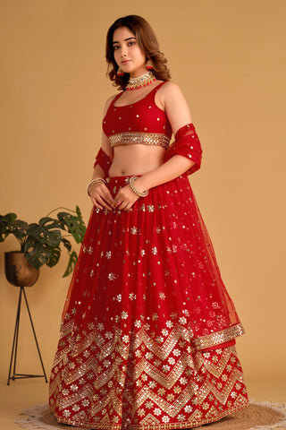 Red Georgette Sequins Embroidered Wedding Lehenga Choli