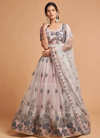 Light grey color thread sequins & zari embroidery work lehenga choli