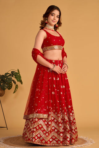 Red Georgette Sequins Embroidered Wedding Lehenga Choli