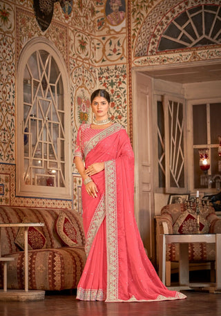 Coral pink organza saree price