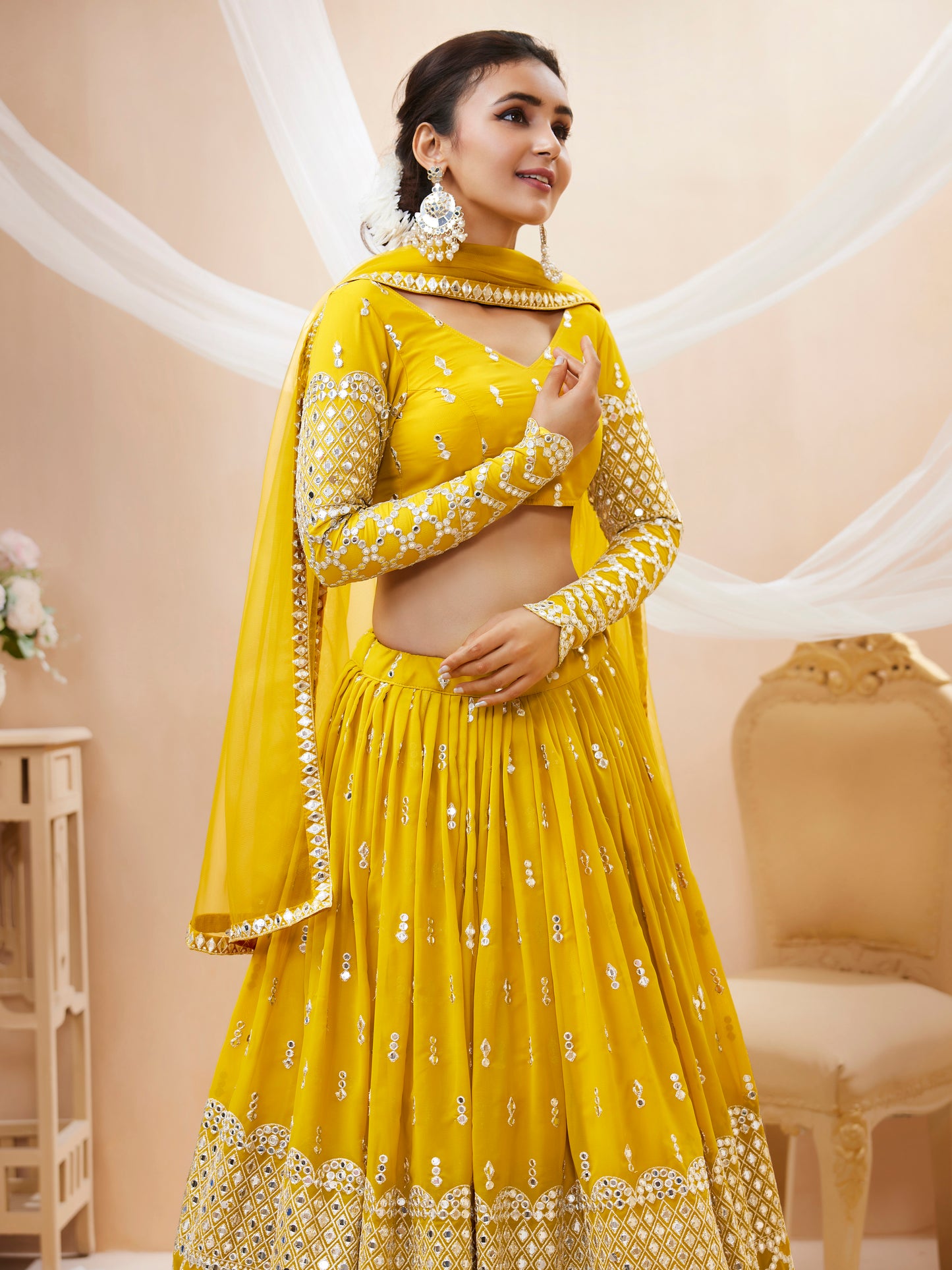 Yellow Ready To Wear Sequins Lenghas Choli For Wedding