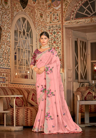 Baby pink organza silk zari thread saree price