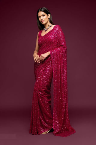 hot pink sequin saree with blouse