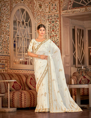 White organza zari sequins saree price