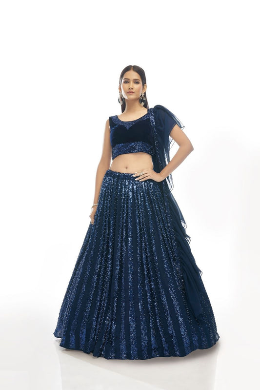 Navy blue velvet lehenga choli